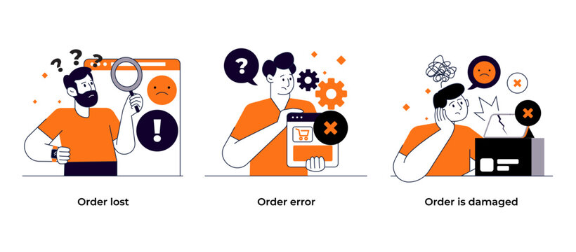 Online shopping and E-commerce concept set. Order proccess, Delivery, Order error, Order is damaged, Order lost Vector illustration