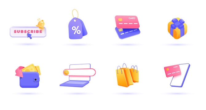 3d Shopping icon set. Trendy illustrations of Online Shopping, Online Payment, Digital Wallet, Newsletter, Discount, etc. Render 3d vector objects