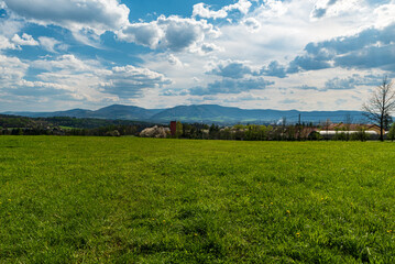 Moravskoslezske Beskydy mountains from meadow near Kojkovice village in Czech republic
