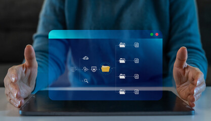 Human use tablet with online cloud document file management, information, system, DMS, online documentation database, manage files, enterprise with ERP.search and manage document business technology © JOURNEY STUDIO7