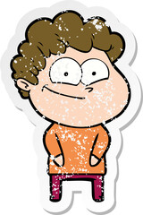 distressed sticker of a cartoon happy man