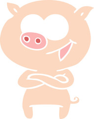 Obraz na płótnie Canvas cheerful pig flat color style cartoon
