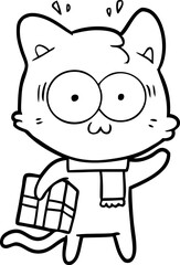 cartoon surprised cat with christmas present