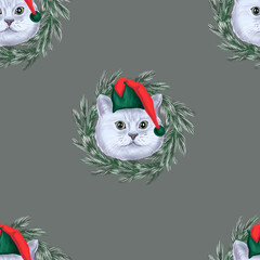 CUTE CAT IN A CHRISTMAS WREATH, CHRISTMAS MOOD.HAND-DRAWN ILLUSTRATION, PATTERN. CAN BE USED FOR CHILDREN'S AND ADULT MERCHANDISE,CLOTHING,FABRIC,POSTCARDS,WRAPPING PAPER