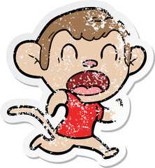 distressed sticker of a shouting cartoon monkey running