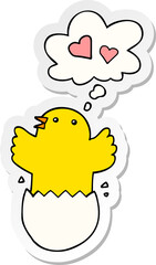 cute hatching chick cartoon with thought bubble as a printed sticker