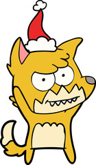 hand drawn line drawing of a grinning fox wearing santa hat