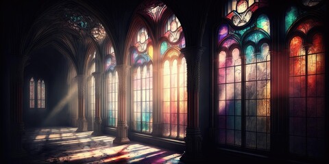 Sunlight shines through high stained glass windows in church. superlative generative AI image. - obrazy, fototapety, plakaty
