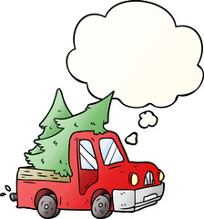 cartoon pickup truck carrying trees with thought bubble in smooth gradient style