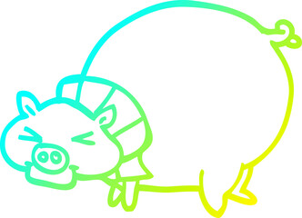 cold gradient line drawing of a cartoon fat pig