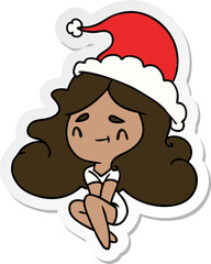hand drawn christmas sticker cartoon of kawaii girl
