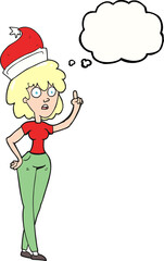 freehand drawn thought bubble cartoon woman wearing santa hat