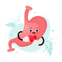 Cute cartoon stomach character. Funny smiling human organ with heart in his hands. Vector illustration. Funny organ of gastrointestinal tract romantic mascot.