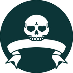 tattoo style icon with banner of a skull