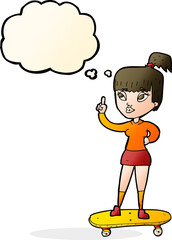 cartoon skater girl with thought bubble