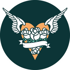 iconic tattoo style image of a flying heart with flowers and banner