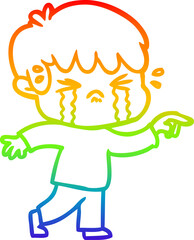 rainbow gradient line drawing of a cartoon boy crying