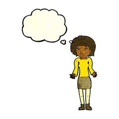 cartoon woman shrugging shoulders with thought bubble
