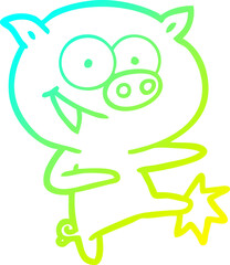 cold gradient line drawing of a cheerful dancing pig cartoon