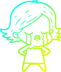 cold gradient line drawing of a cartoon girl crying