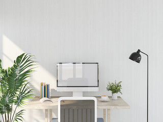 3D render of interior living room workspace with desk and desktop computer