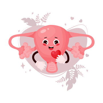 Cute female cartoon uterus. Happy character with heart in his hands. Vector illustration. Human reproductive organ for design and decoration of medical themes, childrens collection.