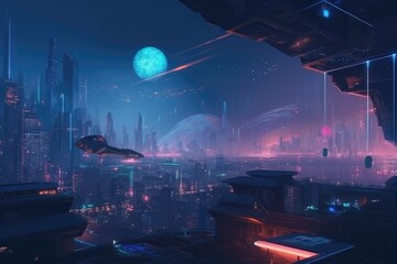 Cyberpunk city skyline at night with neon lights and holographic billboards creating a futuristic magical ambiance. Generative AI