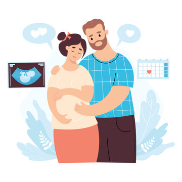 Happy family. Light skinned couple expecting baby. Pregnant woman and husband with first photo of ultrasound of child. Vector illustration. Future parents, pregnancy motherhood, parenthood concept.