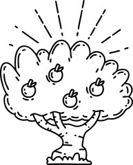 illustration of a traditional black line work tattoo style apple tree