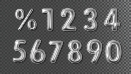 Silver chrome numbers percentage notation with set 3d realistic on dark. Metal number with shadow and glow isolated. Design element for sale banner.