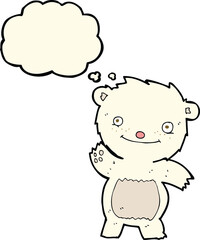 cartoon waving polar bear cub with thought bubble