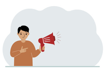 A little boy is holding a megaphone in his hand. Vector