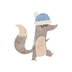freehand retro cartoon little wolf wearing hat