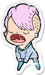 distressed sticker of a cartoon cool hipster girl talking