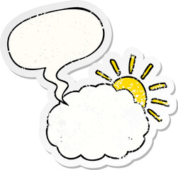 cartoon sun and cloud symbol with speech bubble distressed distressed old sticker