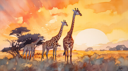 Watercolor painting that shows a herd of giraffes walking in front of the sunset across the savannah - ai generative - obrazy, fototapety, plakaty