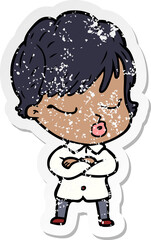 distressed sticker of a cartoon woman with eyes shut