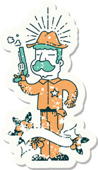 worn old sticker of a tattoo style wild west sheriff
