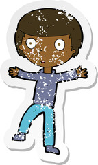 retro distressed sticker of a cartoon startled boy