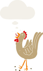 cartoon crowing cockerel with thought bubble in retro style