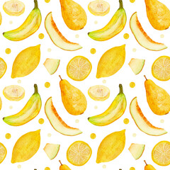 Watercolor seamless pattern, yellow fruits and cuts on white background. Pattern kitchen fabric, variousьproducts etc.