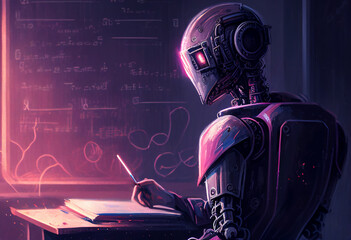 Humanoid education robot teacher in front of a school classroom chalkboard teaching pupils about  mathematics and artificial intelligence technology, computer Generative AI stock illustration image