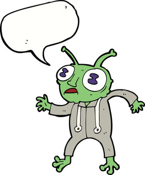 cartoon alien spaceman with speech bubble
