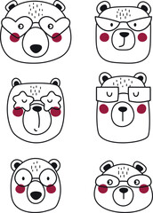 Set of monochrome portraits of bears with glasses. Vector design in cartoon style for notepads, children's T-shirts and greeting cards