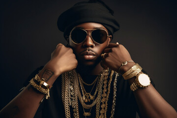 Rapper wearing golden jewelry. AI - obrazy, fototapety, plakaty
