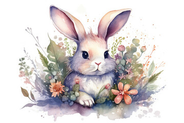 Little bunny with floral decorations. Illustration created by in watercolor. Springtime little bunny with floral garden accents. On a white background, an anemone, a daisy, a fern, generative AI
