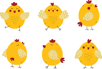 A set of yellow cute chicks with red cheeks. Chicks in different poses and with different emotions. 