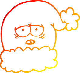 warm gradient line drawing of a cartoon christmas santa hat with tired face
