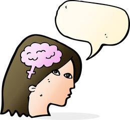 cartoon female head with brain symbol with speech bubble