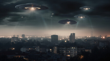 Fototapeta premium Alien invasion. Ufo flying over the city. AI